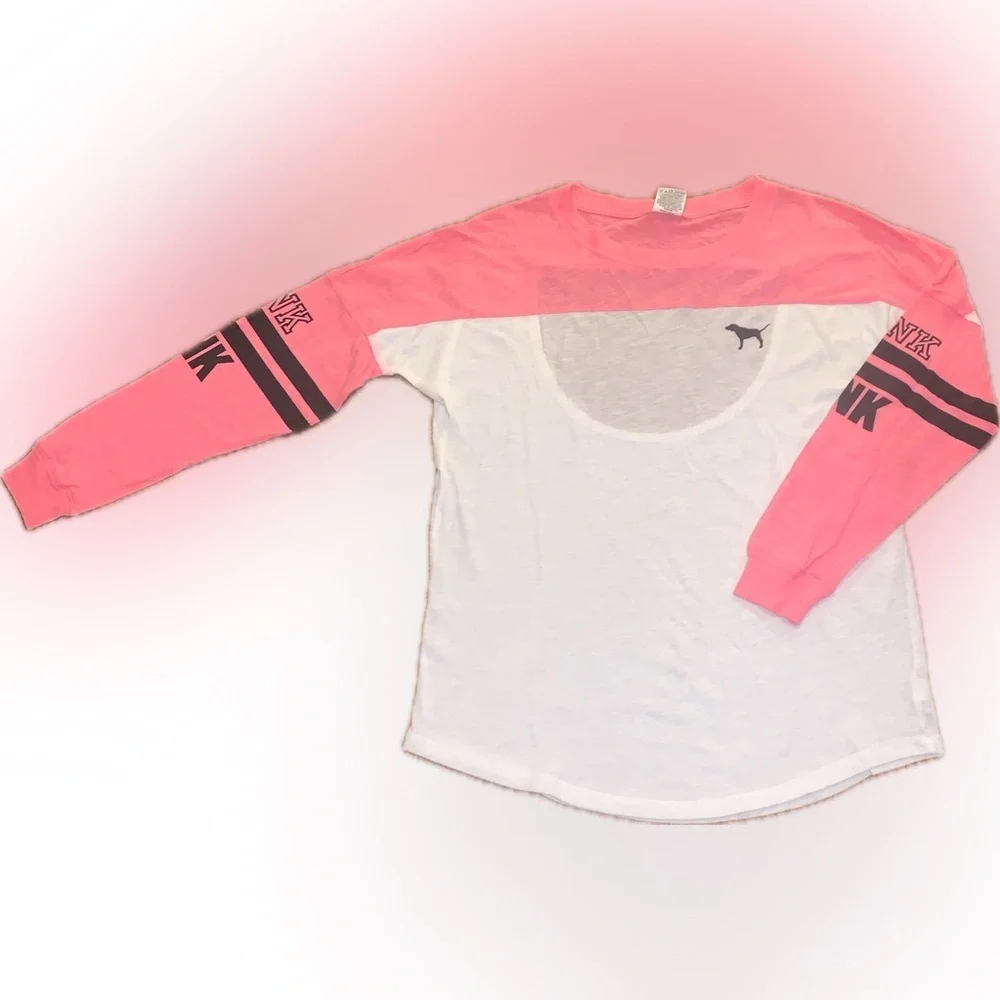 PINK Victoria's Secret Open Back Oversized Hot Neon PinkWhite Long Sleeve Tee XS - Picture 4 of 7